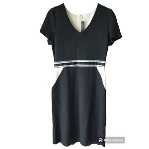ST JOHN Black White Wool Blend Scoop Neck Short Sleeve Sheath Dress 8 YJ01